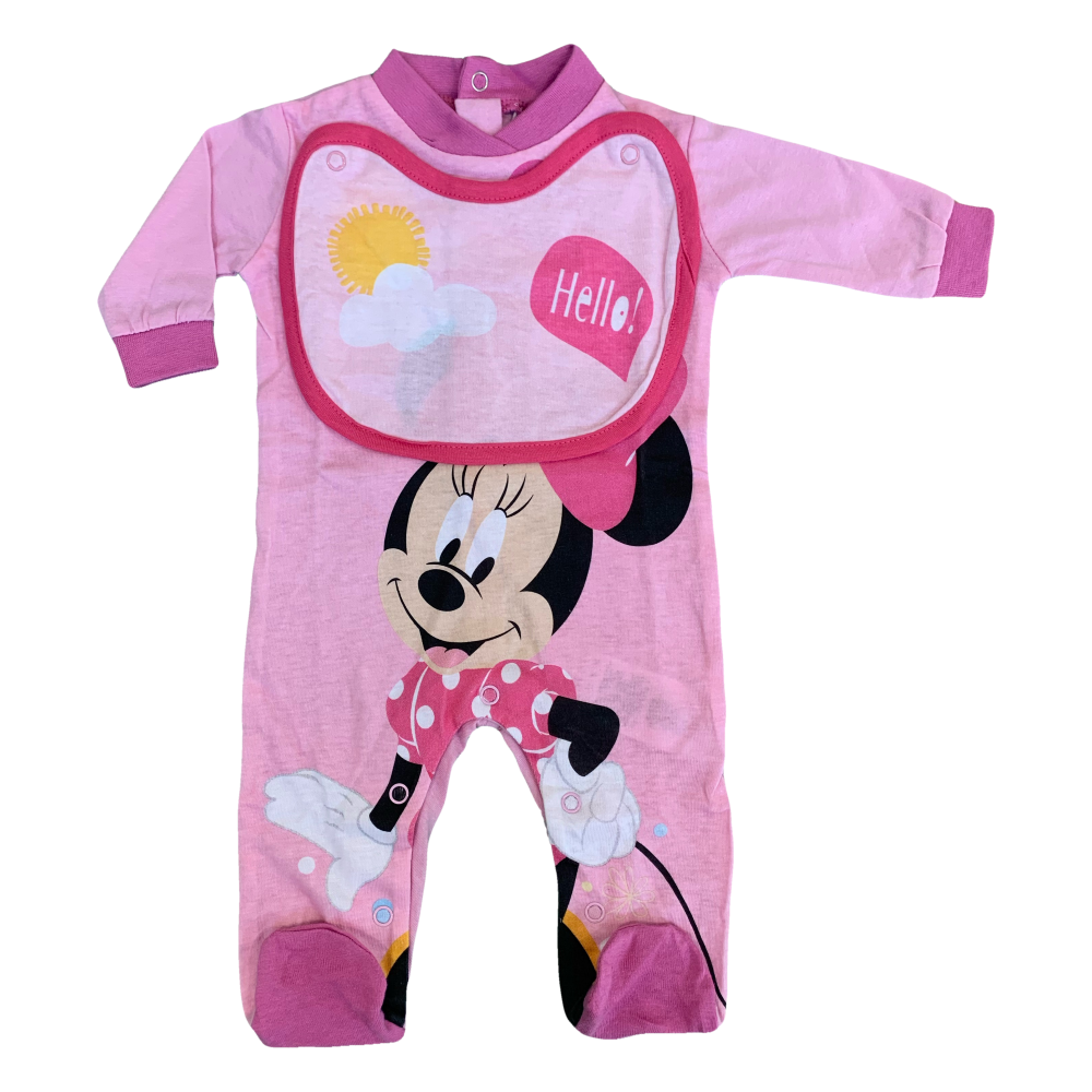 Tutina Lunga con Piedini + Bavetto Minnie Mouse DISNEY 100% Cotone 0/6 Mesi - Min1729/2