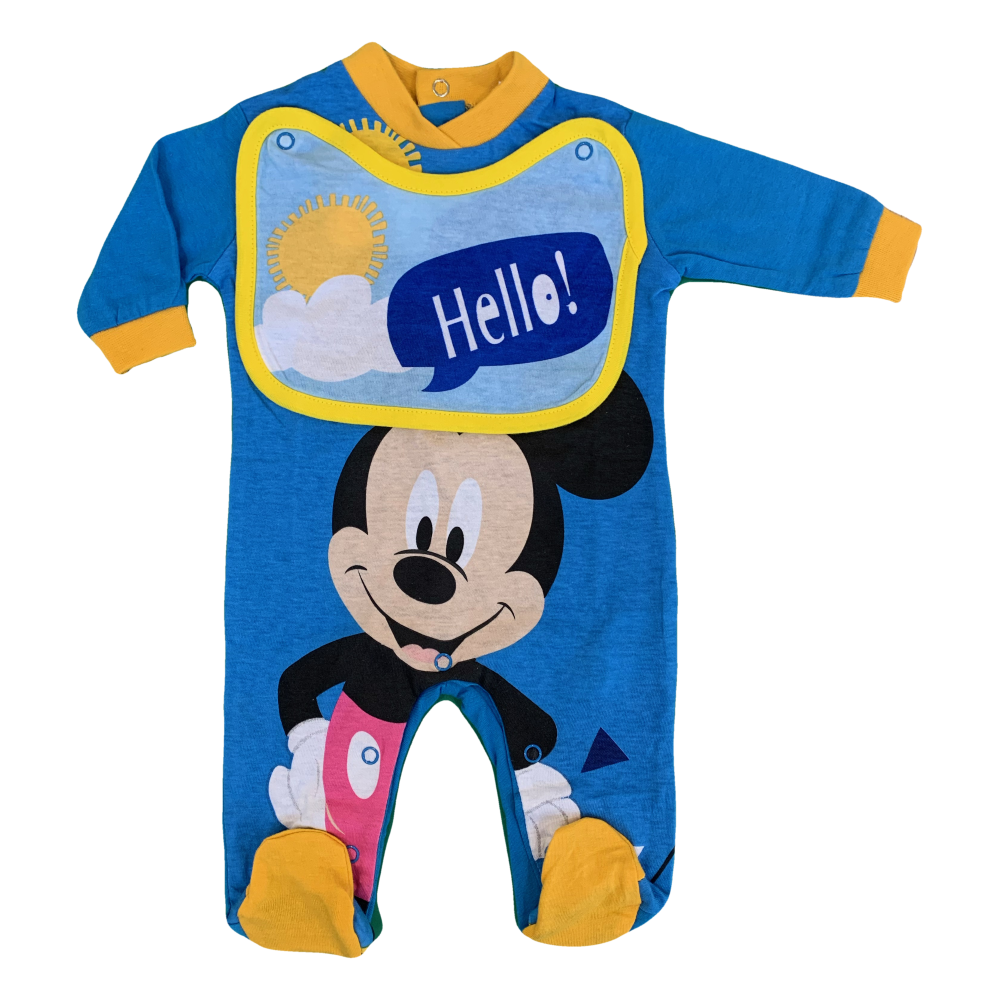 Tutina Lunga con Piedini + Bavetto Mickey Mouse DISNEY Topolino 100% Cotone 0/6 Mesi - Mic1728/3