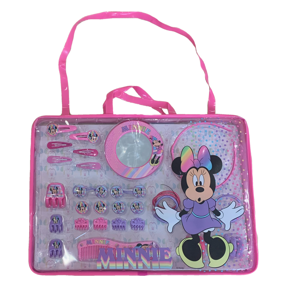 Accessori Capelli Minnie Mouse DISNEY Cerchietto Codini Elastici Click Clack Anelli Pinze Specchio Bracciale Pettine con Borsa PVC - Wd21602