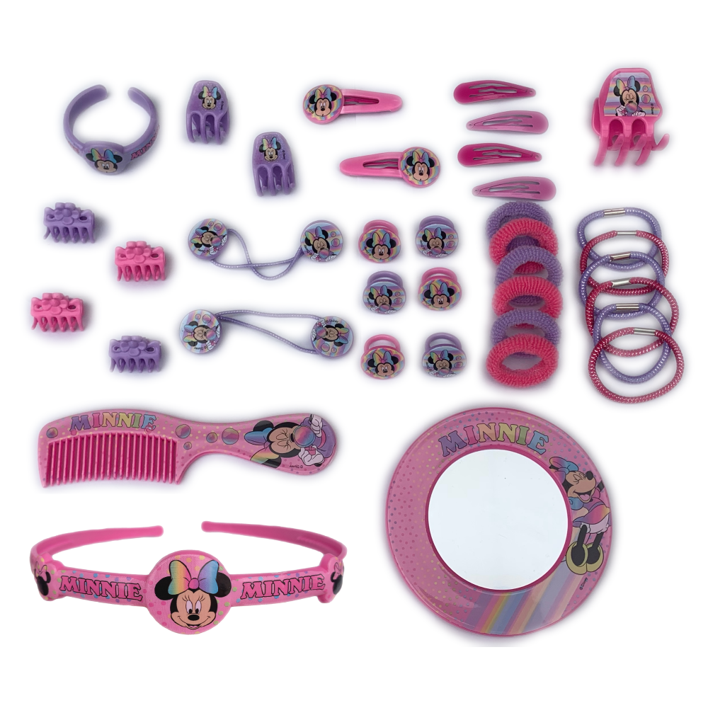 Accessori Capelli Minnie Mouse DISNEY Cerchietto Codini Elastici Click Clack Anelli Pinze Specchio Bracciale Pettine con Borsa PVC - Wd21602