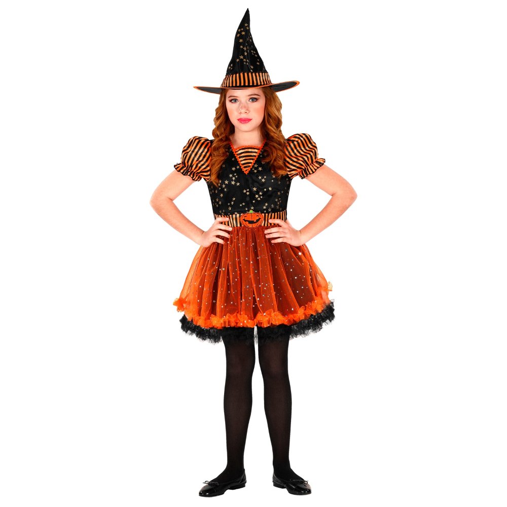 Vestito Carnevale + Accessori Strega Vestito Cappello Scopa Storta Halloween Bambina 4/5 Anni - 0181+03231