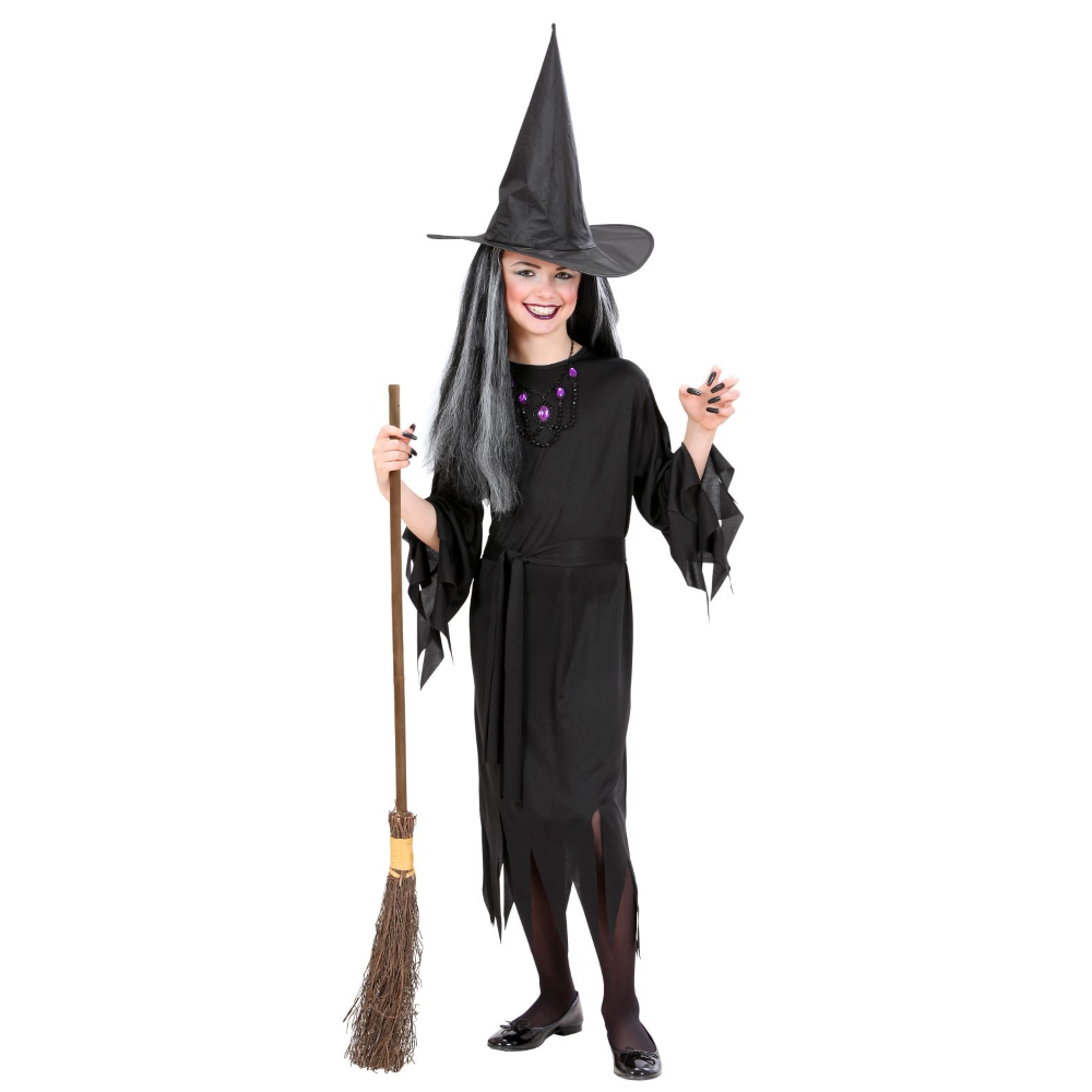 Vestito Carnevale + Accessori Strega Vestito Cappello Scopa Parrucca Halloween Bambina 11/13 Anni - 0250+6279s+03231