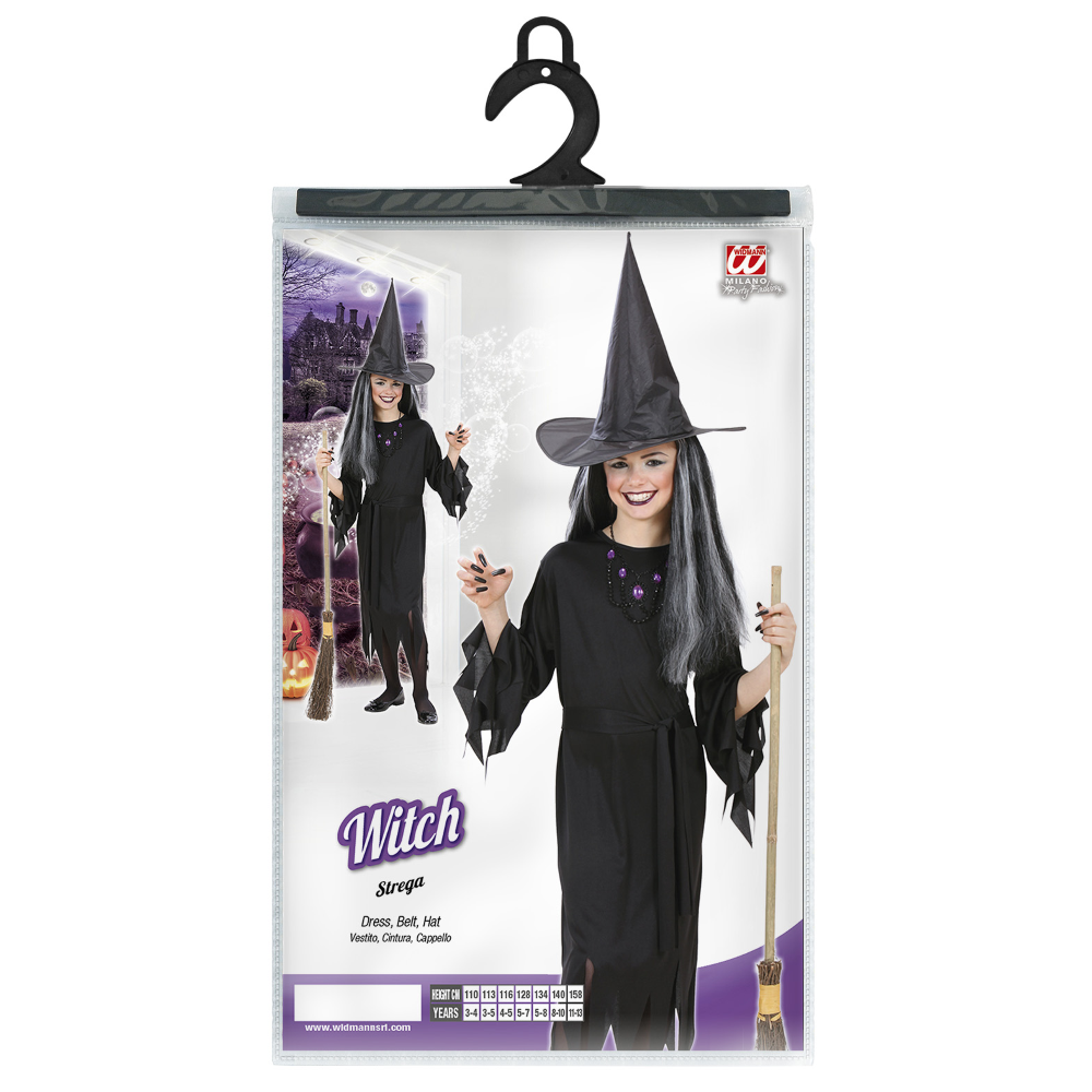 Vestito Carnevale + Accessori Strega Vestito Cappello Scopa Parrucca 4/5 Anni Halloween Bambina - 0250+6279s+9835w