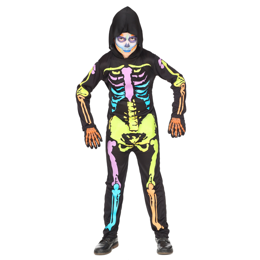 Vestito Carnevale + Accessori Scheletro Colorato Tuta Guanti Travestimento Halloween 5/7 Anni - 7027+34275