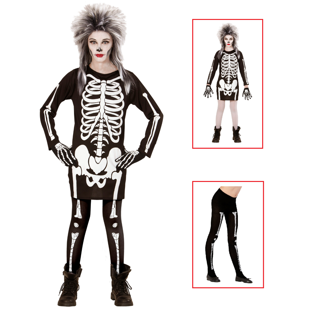 Vestito Carnevale + Accessori Scheletro Vestito Calze Nere da Scheletro 70 Den Travestimento Halloween