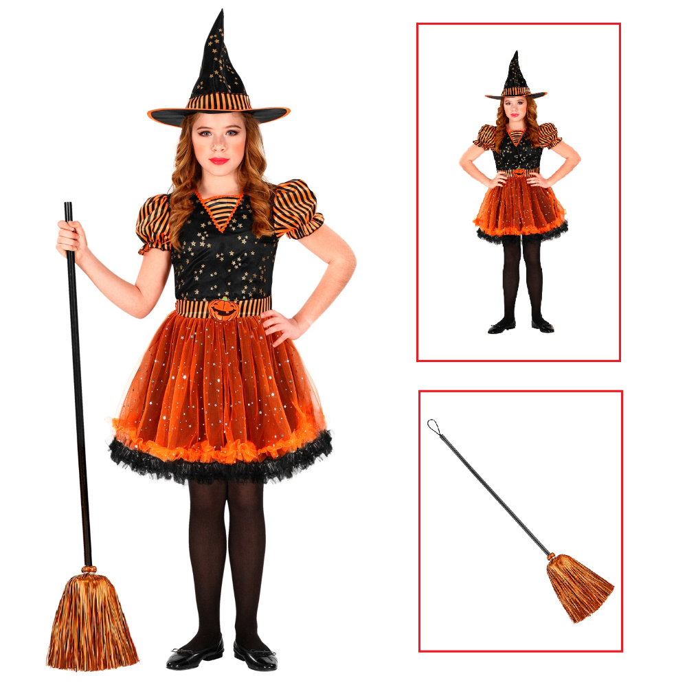 Vestito Carnevale + Accessori Strega Vestito Cappello Scopa in Fili di Lamè Halloween Bambina 2/3 Anni - 0181+52776