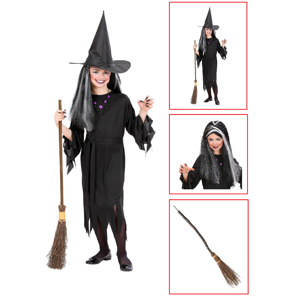 Vestito Carnevale + Accessori Strega Vestito Cappello Scopa Parrucca 4/5 Anni Halloween Bambina - 0250+6279s+9835w