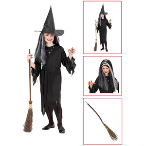 Vestito Carnevale + Accessori Strega Vestito Cappello Scopa Parrucca 4/5 Anni Halloween Bambina - 0250+6279s+9835w