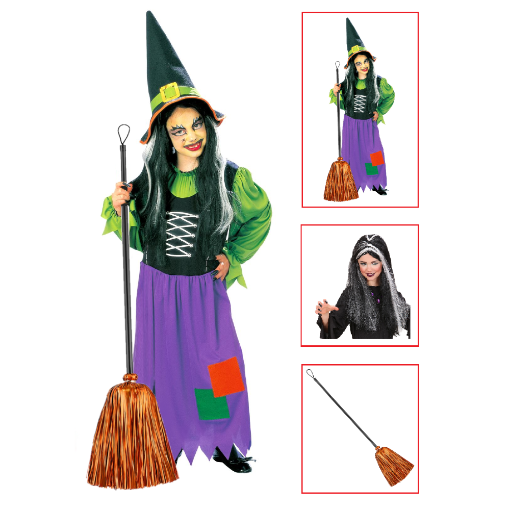 Vestito Carnevale + Accessori Strega Vestito Cappello Scopa Parrucca 5/7 Anni Halloween Bambina - 3857+6279s+52776