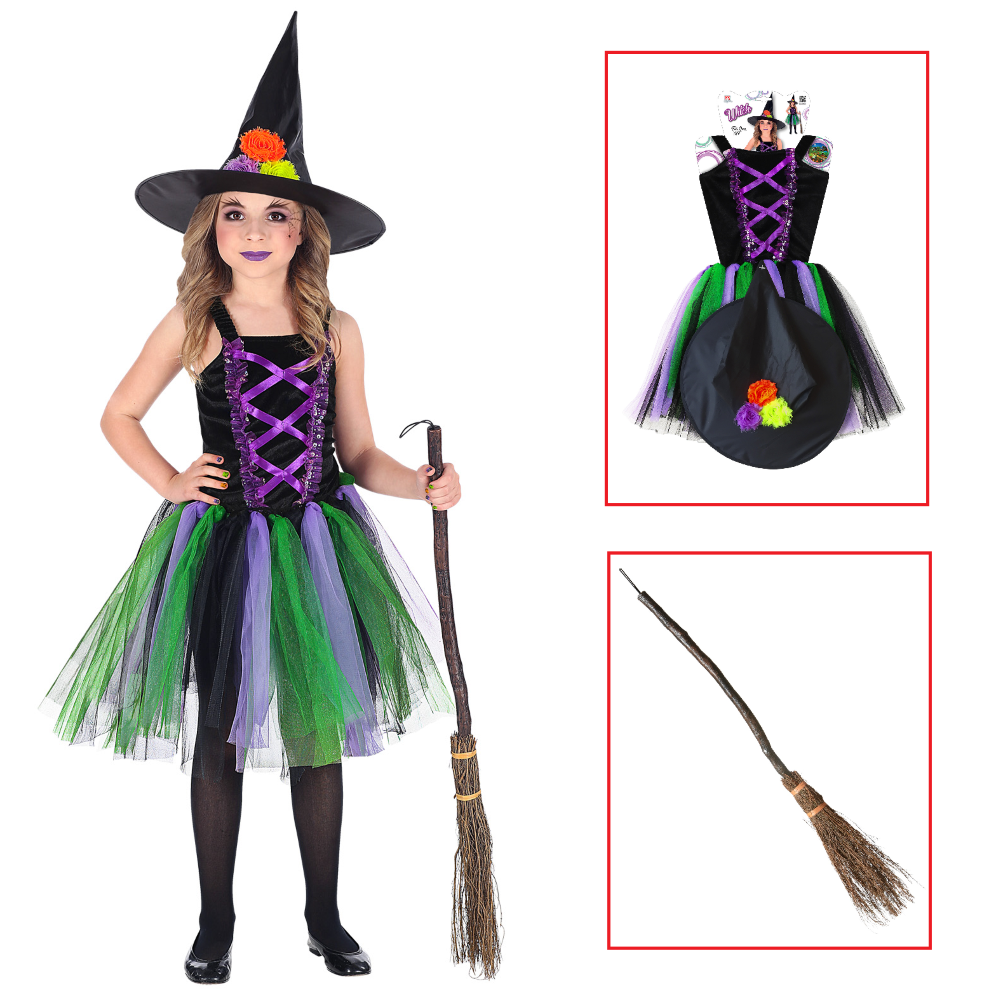 Vestito Carnevale + Accessori Strega Vestito Cappello Scopa 3/4 Anni Halloween Bambina - 96539+9835w