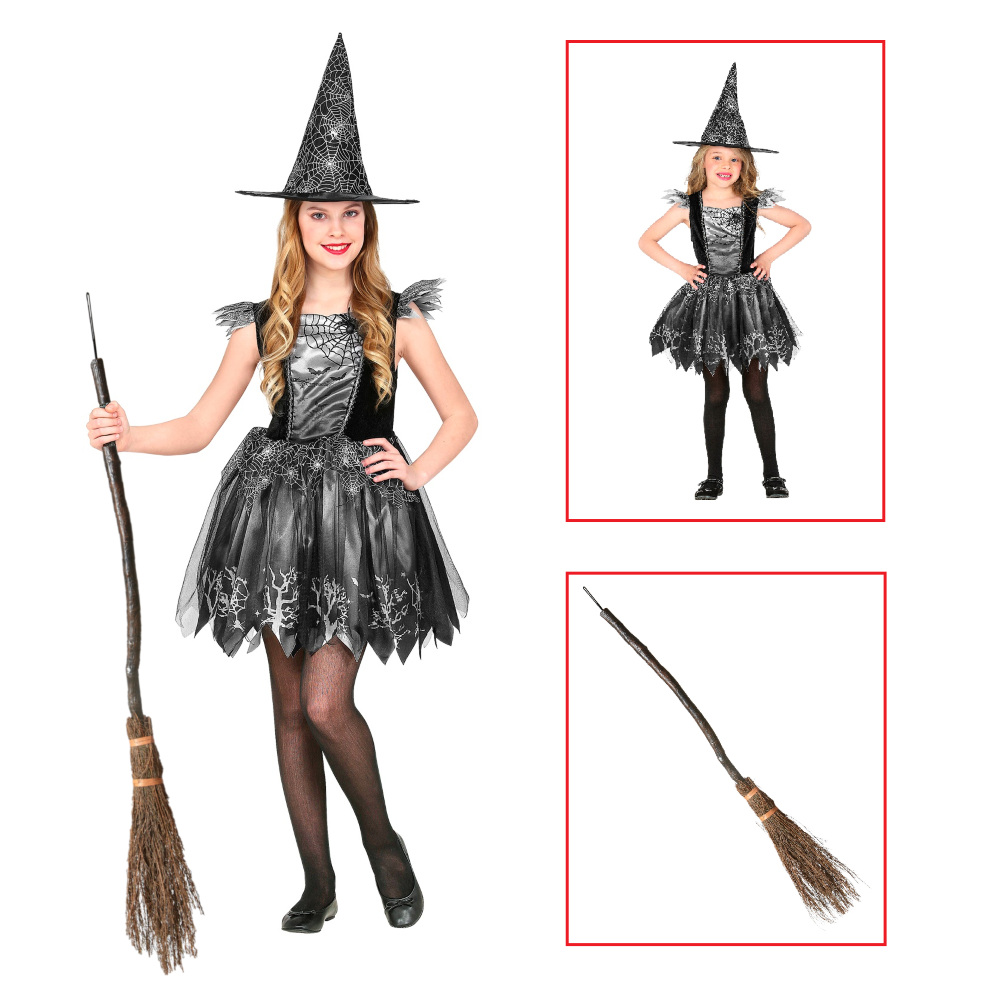 Vestito Carnevale + Accessori Witch Vestito Cappello Scopa 4/5 Anni Halloween Bambina - 9736+9835w