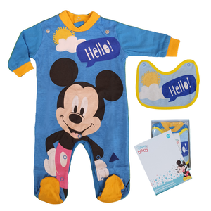 Tutina Lunga con Piedini + Bavetto Mickey Mouse DISNEY Topolino 100% Cotone 0/6 Mesi - Mic1728/3