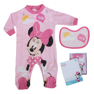 Tutina Lunga con Piedini + Bavetto Minnie Mouse DISNEY 100% Cotone 0/6 Mesi - Min1729/1