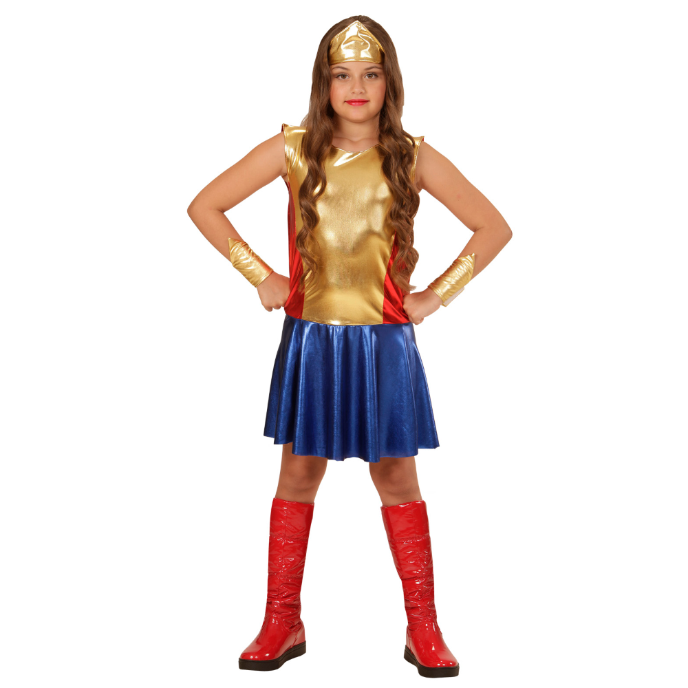 Costume Carnevale Wonder Girl Vestito Copricapo Bracciali Bambina Abito Travestimento - 0113