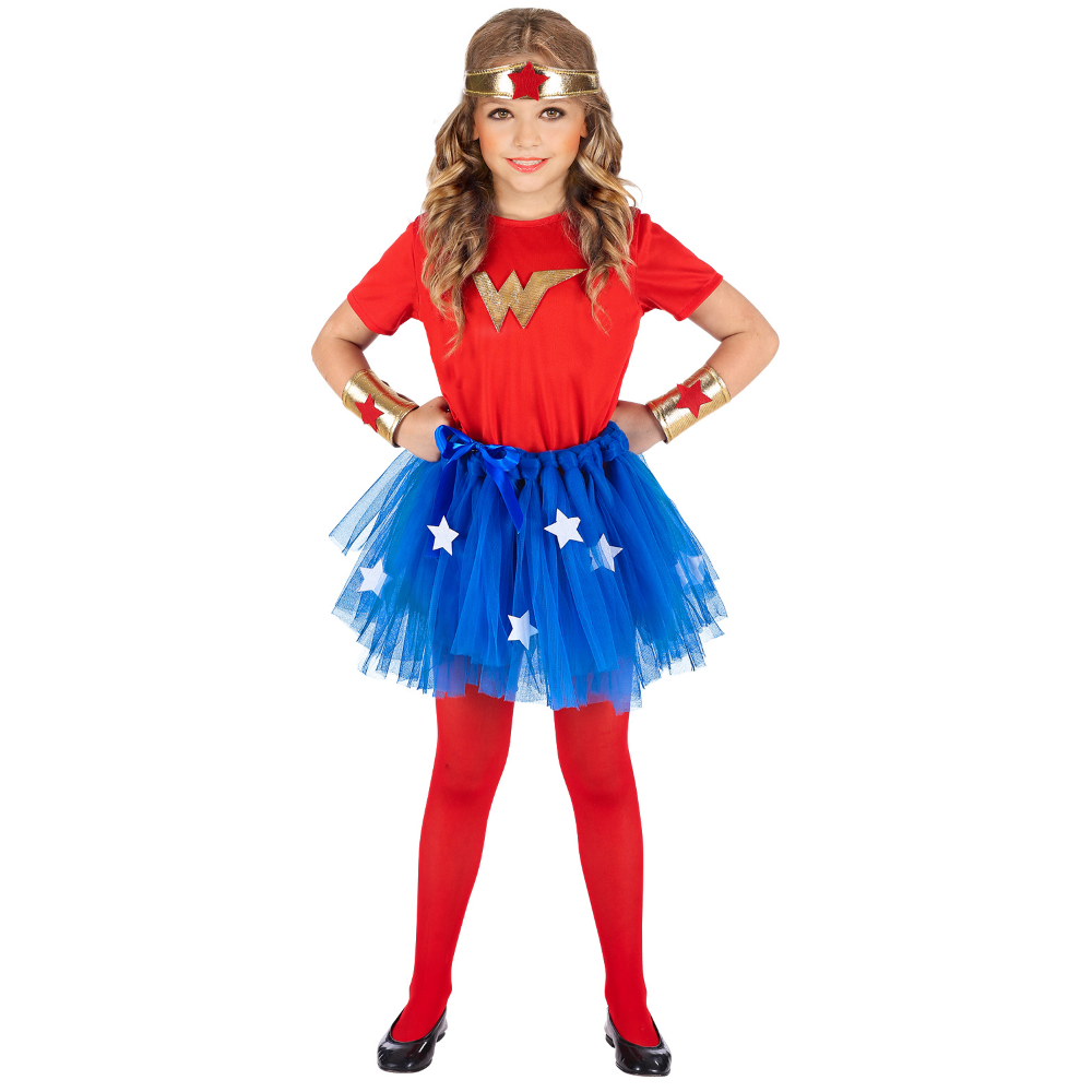 Costume Carnevale Wonder Girl T-Shirt Tutu Copricapo Bracciali Bambina Abito Travestimento - 9654