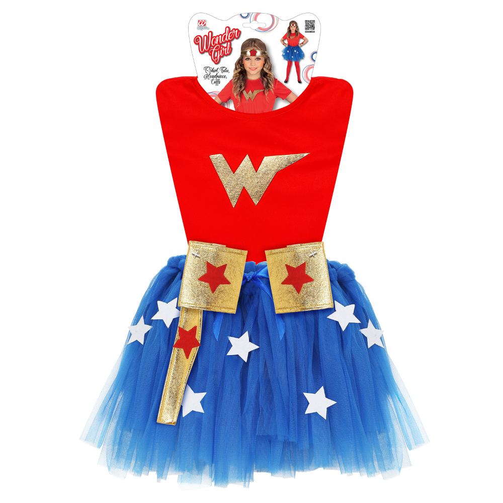 Costume Carnevale Wonder Girl T-Shirt Tutu Copricapo Bracciali Bambina Abito Travestimento - 9654