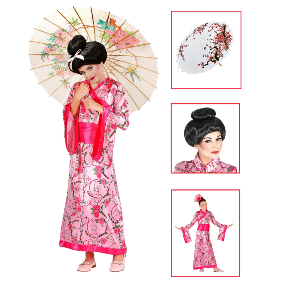 Vestito Carnenale + Accessori Principessa Asiatica Kimono Parasole Parrucca Travestimento (4/5 Anni)
