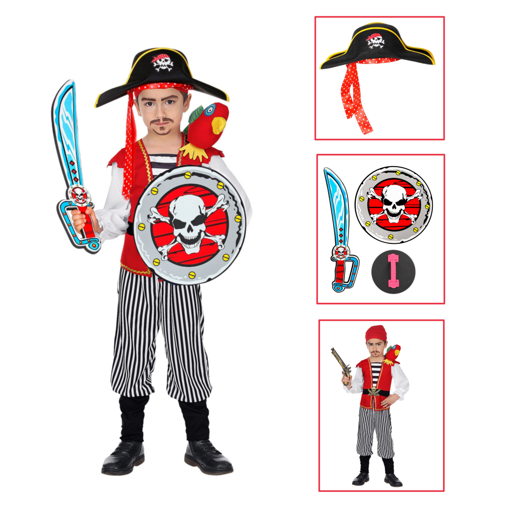 Vestito Carnevale + Accessori Pirata Costume Sciabola Scudo Cappello Travestimento (2/3 Anni)