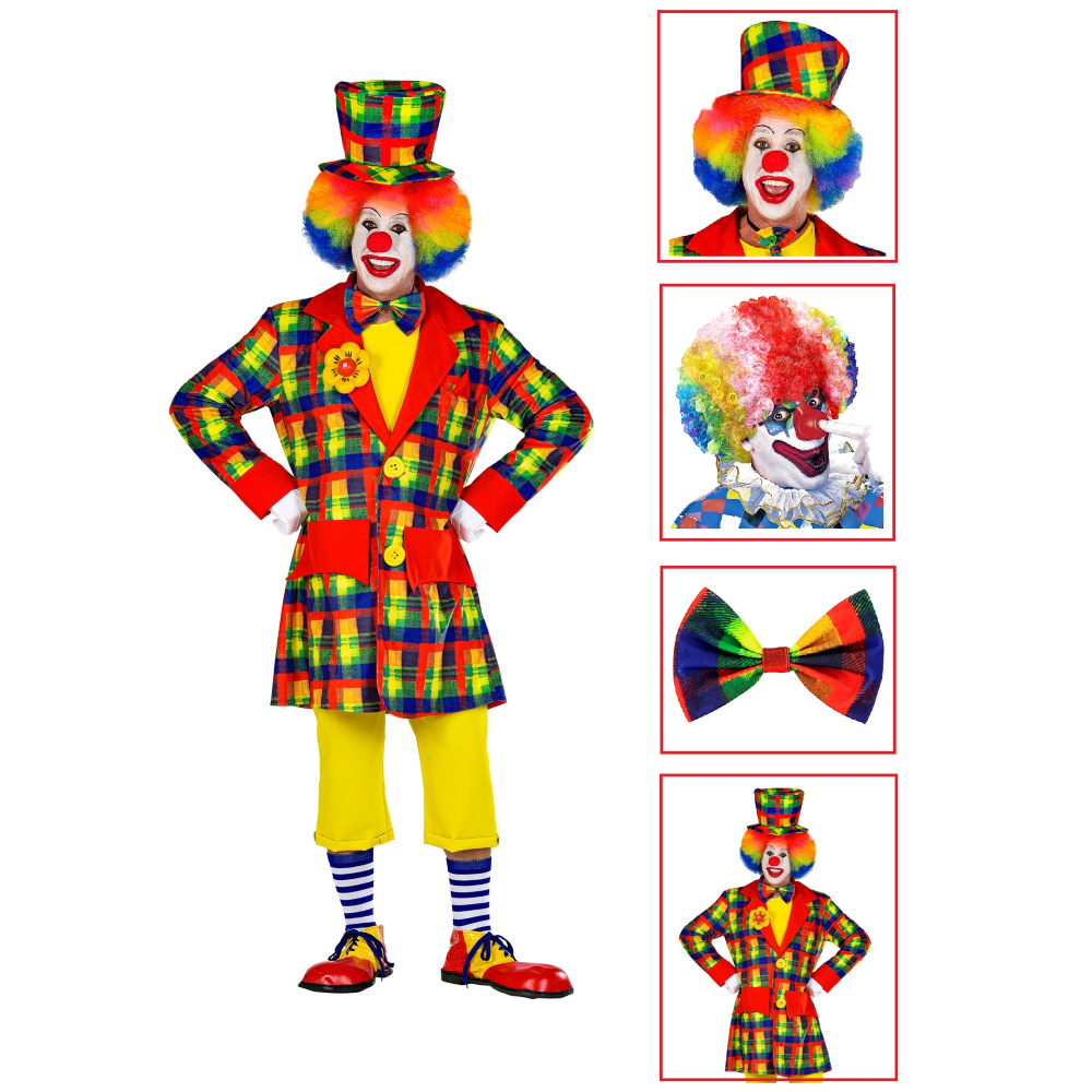 Set Travestimento + Accessori Pagliaccio Cilindro Parrucca Naso Farfallino Cappotto Carnevale (xxl)