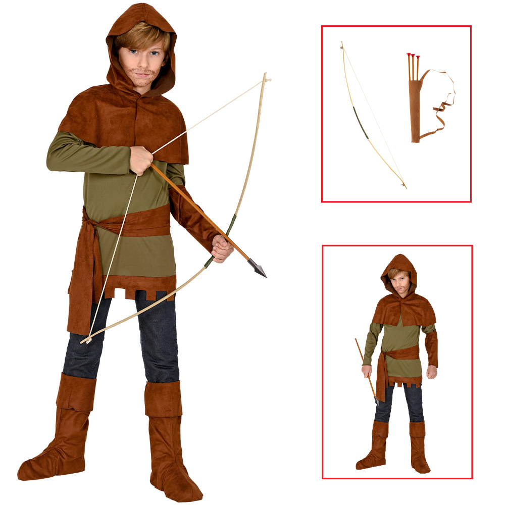 Vestito Carnevale + Accessori Robin Hood con Arco Travestimento (5/7 Anni)