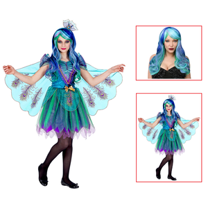 Vestito Carnevale + Accessori Pavone Abito Copricapo Parrucca Travestimento (5/7 Anni)