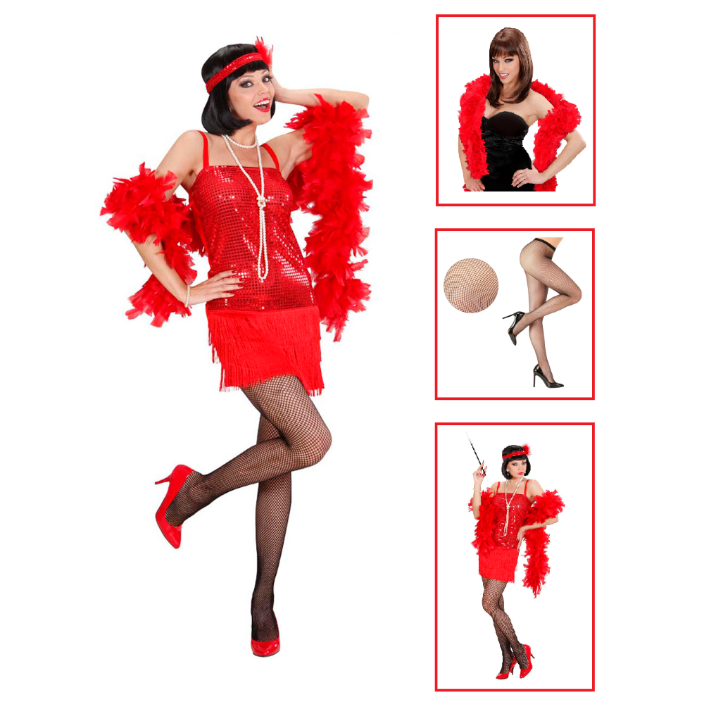 Vestito Carnevale + Accessori Charleston Abito Boa Calze Travestimento (s)