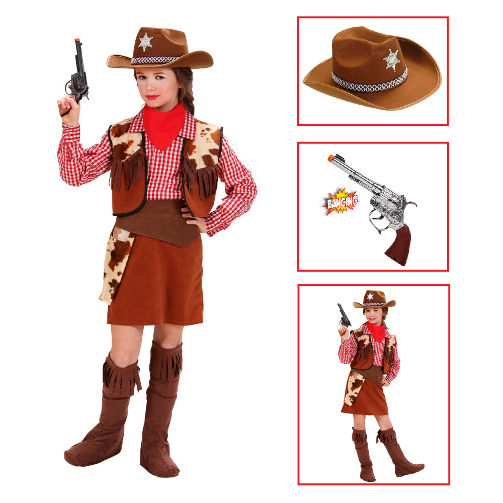 Vestito Carnevale + Accessori Cowgirl Costume Cappello Pistola Travestimento (5/7 Anni)