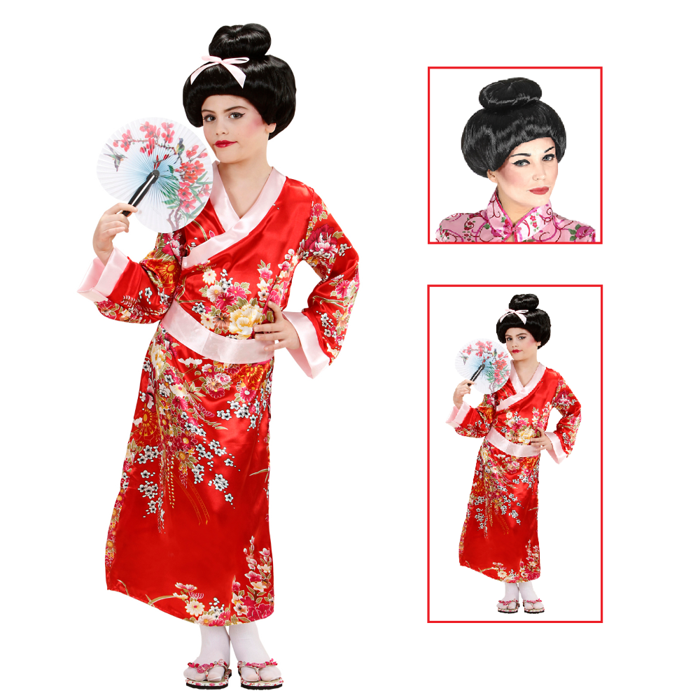 Vestito Carnenale + Accessori Geisha Bambina Giapponese Kimono Parrucca 8/10 Anni Travestimento - 7653+01509