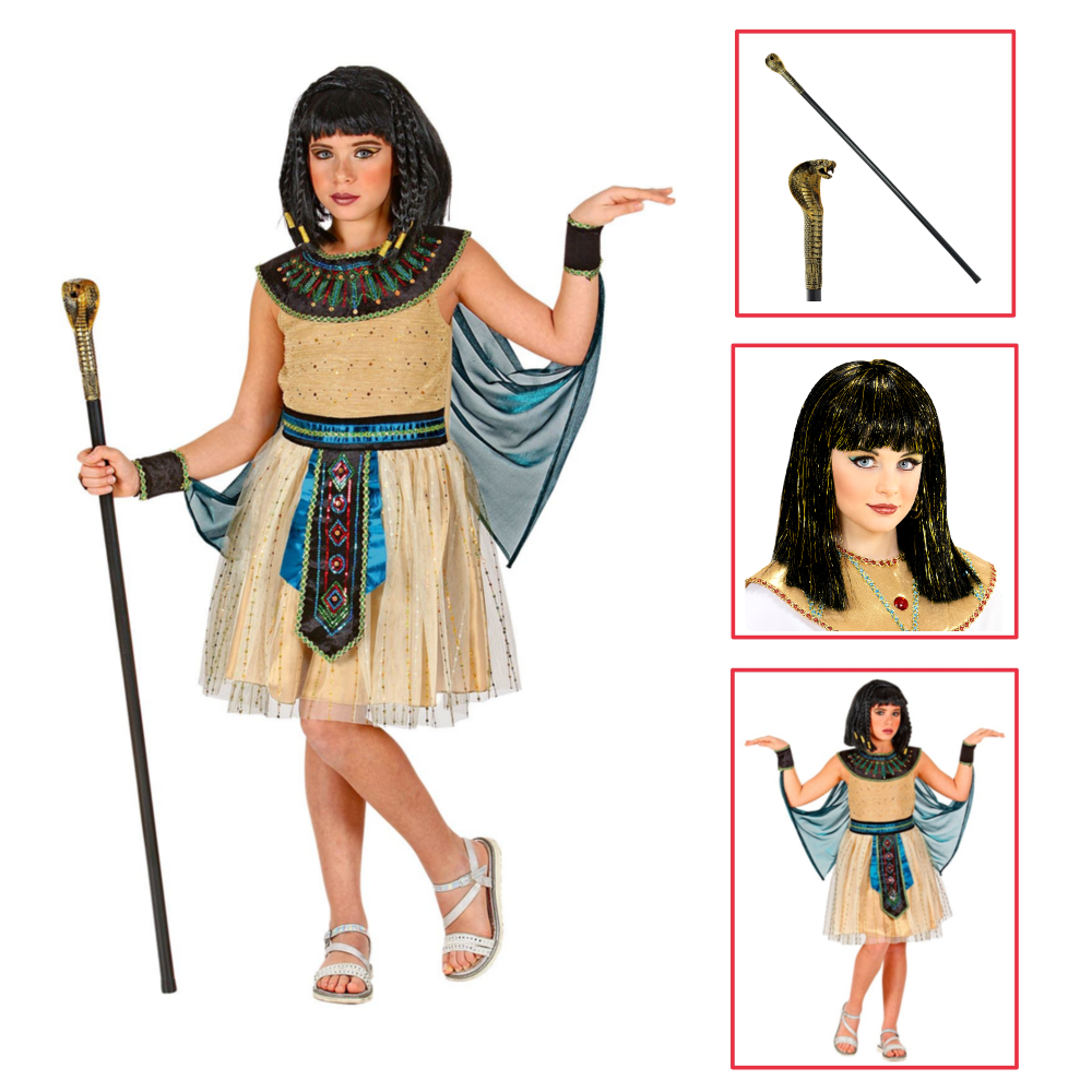 Vestito Carnenale + Accessori Regina Egiziana Vestito Bastone Parrucca Travestimento (5/7 Anni)
