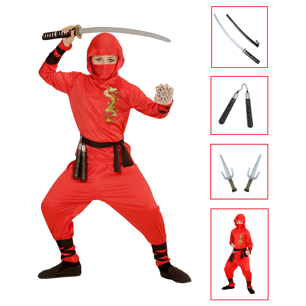 Vestito Carnevale + Accessori Red Dragon Ninja Costume Nunchaku Spada Giapponese con Fodero Spada Sai Travestimento (11/13 Anni)