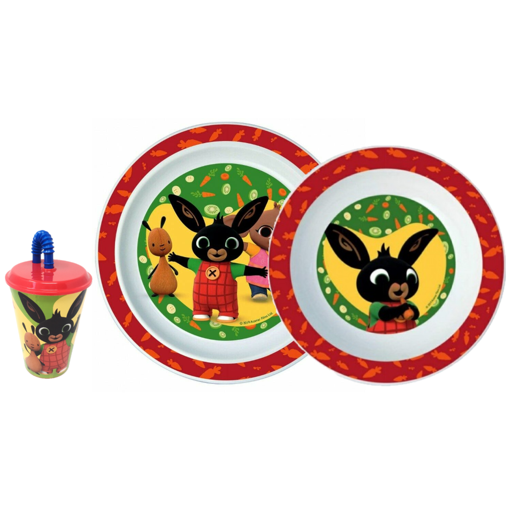 Set Pappa Bing Bunny Coniglietto 2 Piatti + Bicchiere con Cannuccia Bambino - Bin20/3pzbicchiere