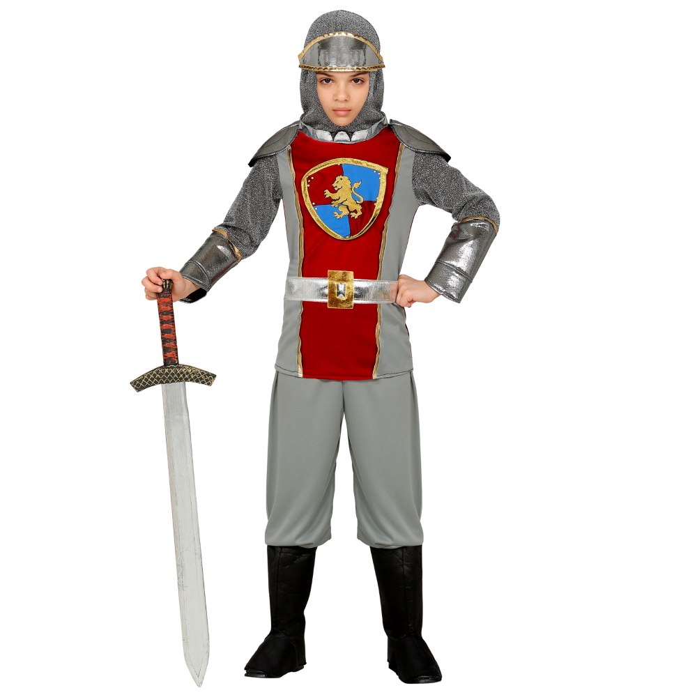 Costume Vestito Abito Travestimento Carnevale Cavaliere Medievale Casacca Pantaloni Cappuccio Copristivali 2/5 Anni - 0979