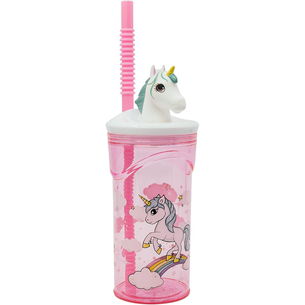 Bicchiere con Cannuccia Ripiegabile Unicorno Personaggio 3d Bpa Free 360 Ml - St09730