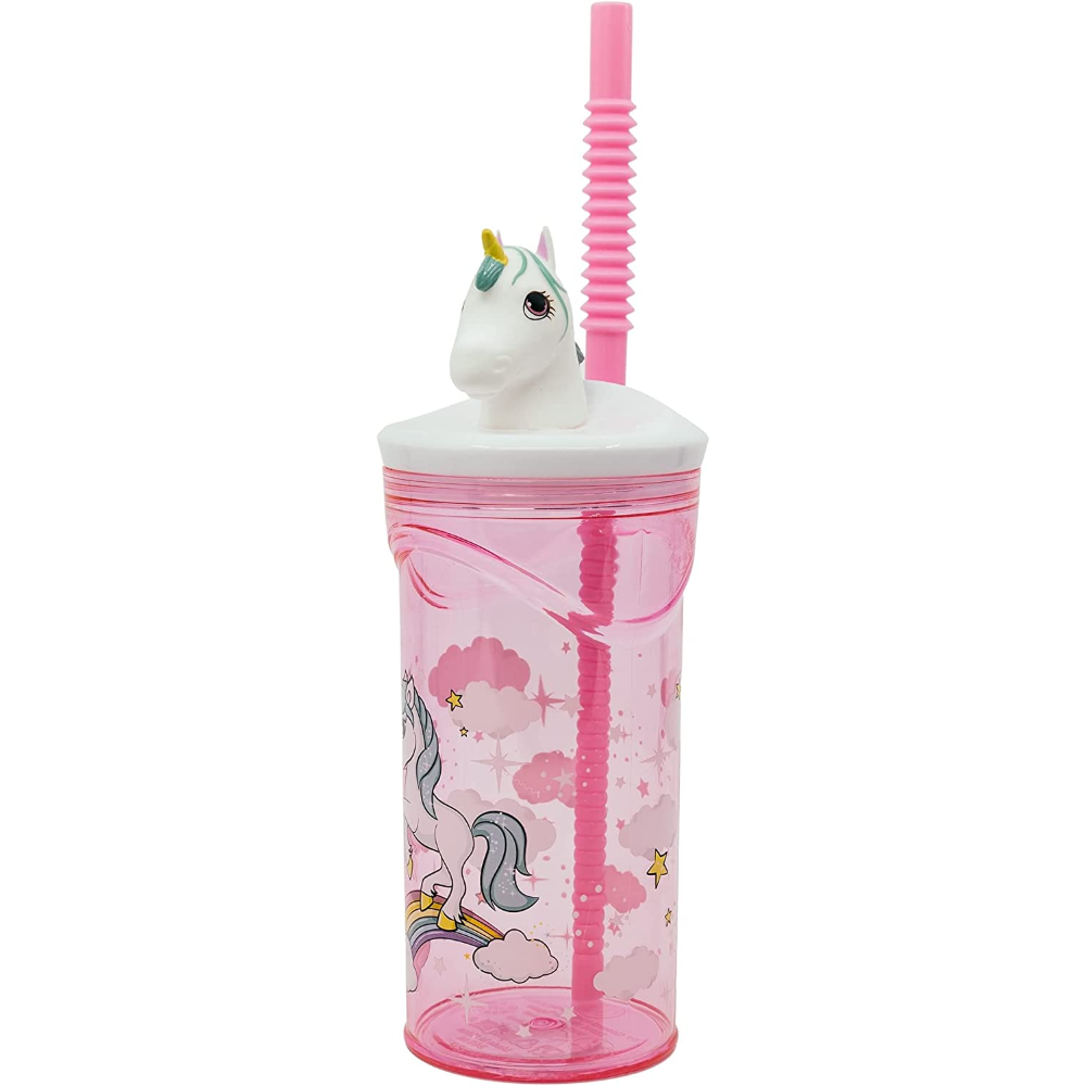 Bicchiere con Cannuccia Ripiegabile Unicorno Personaggio 3d Bpa Free 360 Ml - St09730