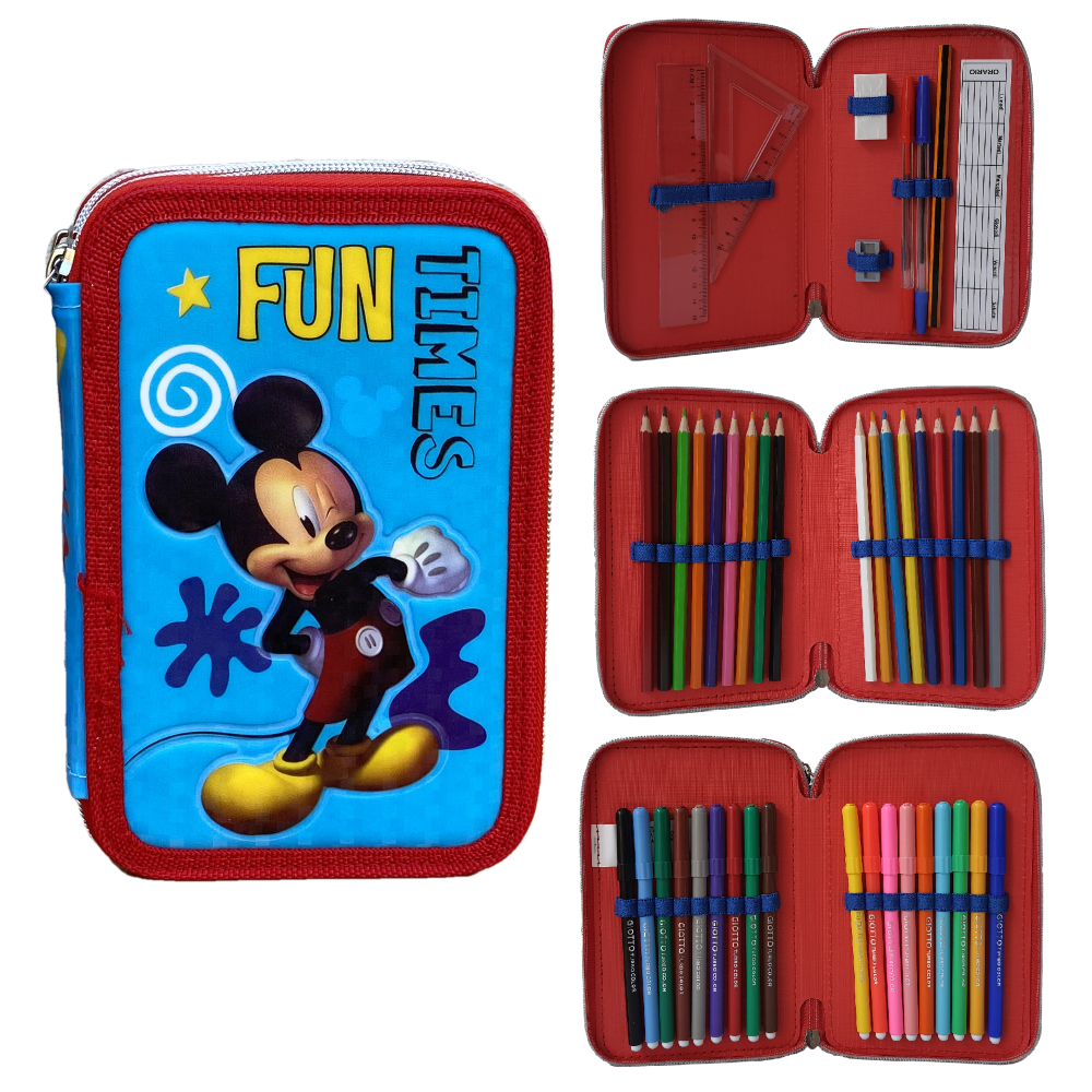 Zaino + Astuccio 3 Zip Mickey Mouse DISNEY Topolino Estensibile Scuola Elementare Colori Giotto