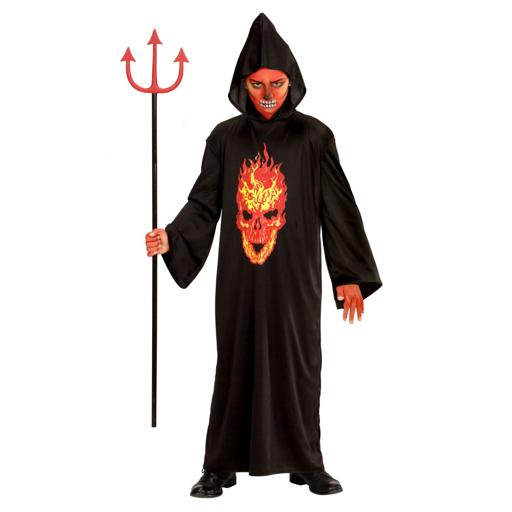 Vestito Carnevale + Accessori Skeleton Devil Teschio Tunica Tridente Dorato Travestimento Halloween 11/13 Anni - 0033+24221