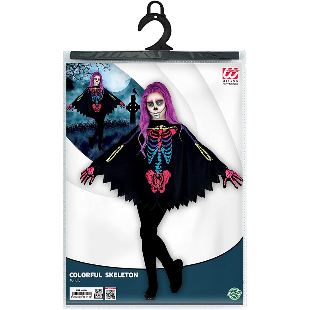 Costume Carnevale + Accessori Scheletro Colorato Poncho Calze Guanti Travestimento Halloween