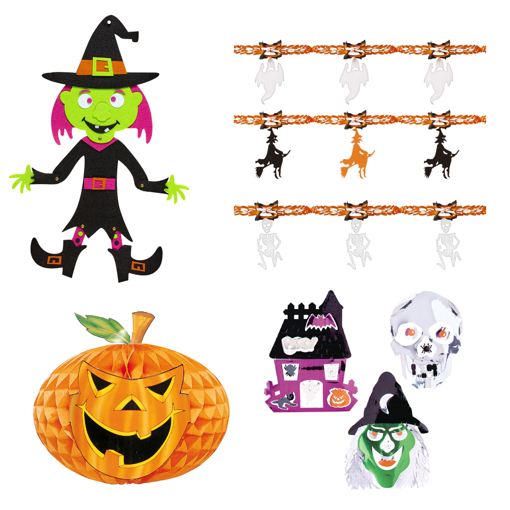 Set Decorazioni Festa Halloween Accessori Festoni Streghe Fantasmi Zucche Scheletri - 51944+5229p+5205g+5217a