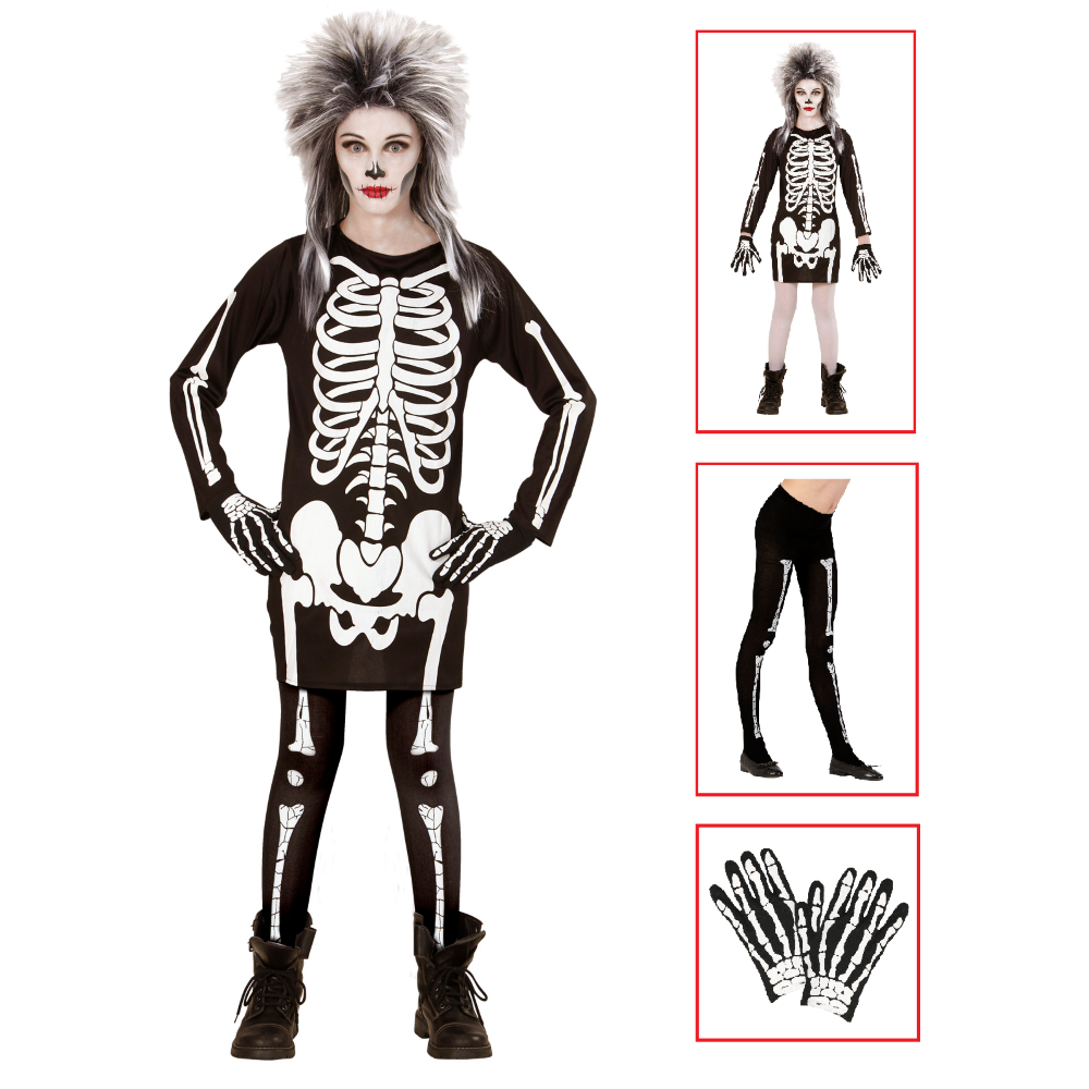 Vestito Carnevale + Accessori Scheletro Vestito Calze e Guanti da Scheletro Travestimento Halloween 5/7 Anni
