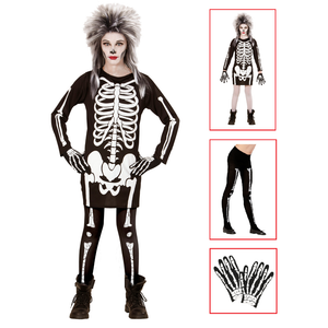 Vestito Carnevale + Accessori Scheletro Vestito Calze e Guanti da Scheletro Travestimento Halloween 8/10 Anni
