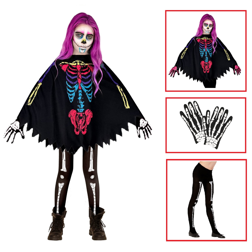 Costume Carnevale + Accessori Scheletro Colorato Poncho Calze Guanti Travestimento Halloween