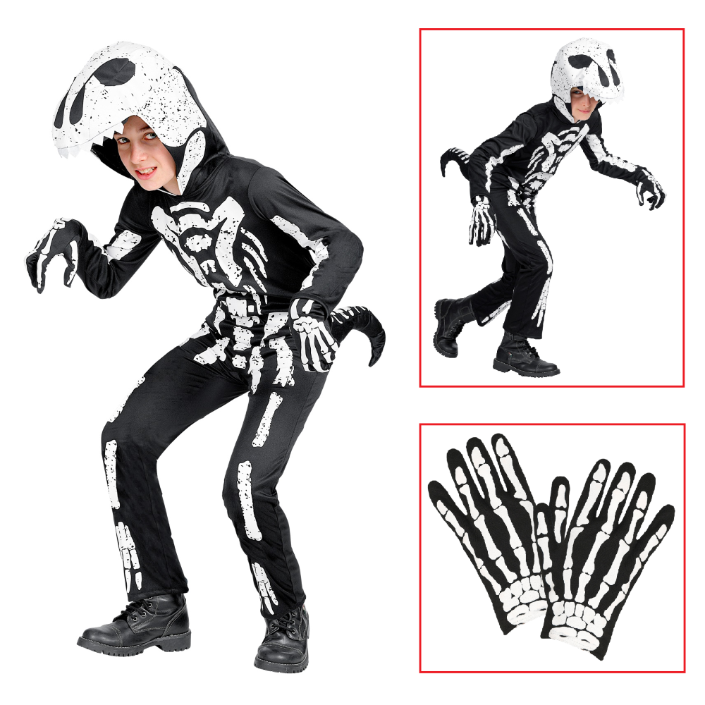 Costume Carnevale + Accessori Scheletro T-Rex Costume Guanti Travestimento Halloween Bambino 4/7 Anni - 0190+34275