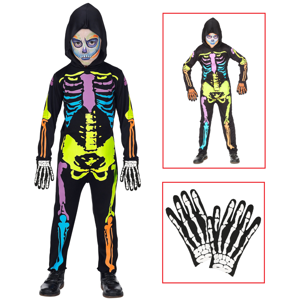 Vestito Carnevale + Accessori Scheletro Colorato Tuta Guanti Travestimento Halloween 8/10 Anni - 7027+34275