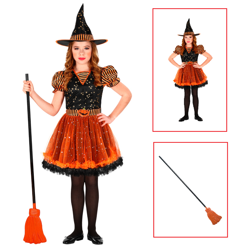 Vestito Carnevale + Accessori Strega Vestito Cappello Scopa Halloween Bambina 2/3 Anni - 0181+2133w