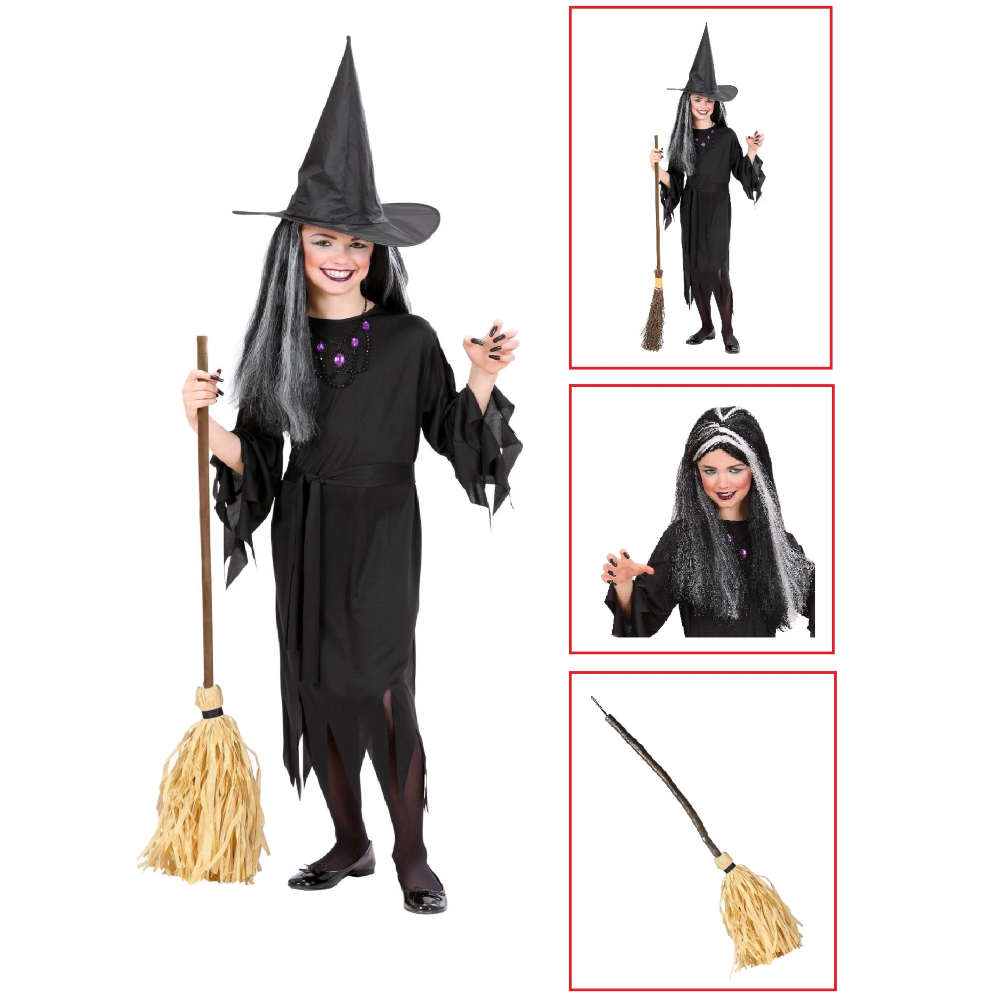 Vestito Carnevale + Accessori Strega Vestito Cappello Scopa Parrucca Halloween Bambina 2/3 Anni - 0250+6279s+03231
