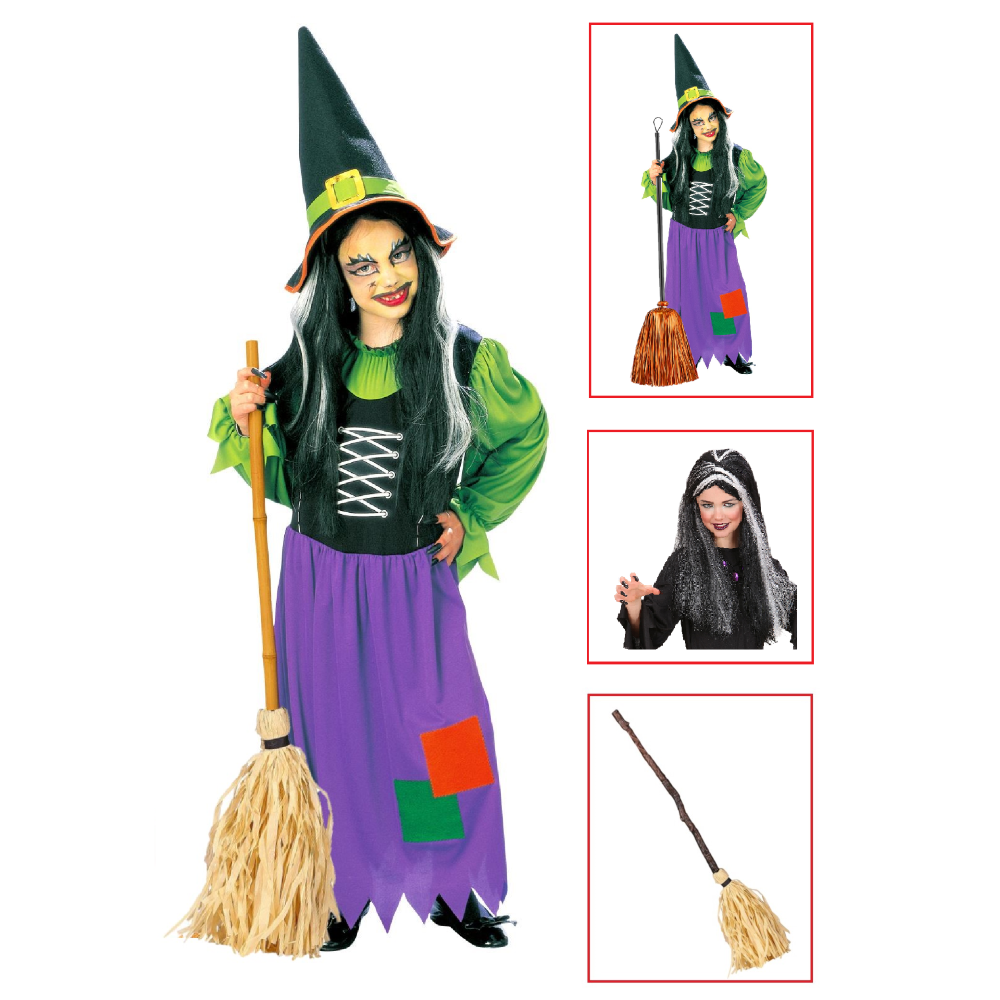 Vestito Carnevale + Accessori Strega Vestito Cappello Scopa Parrucca Halloween Bambina 8/10 Anni - 3857+6279s+03231