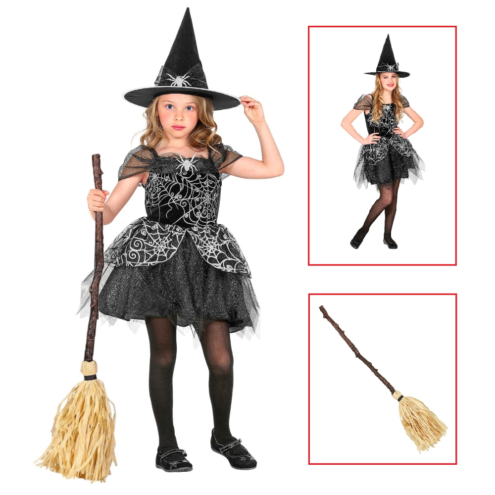 Vestito Carnevale + Accessori Witch Vestito Cappello Scopa Halloween Bambina 4/5 Anni - 9734+03231