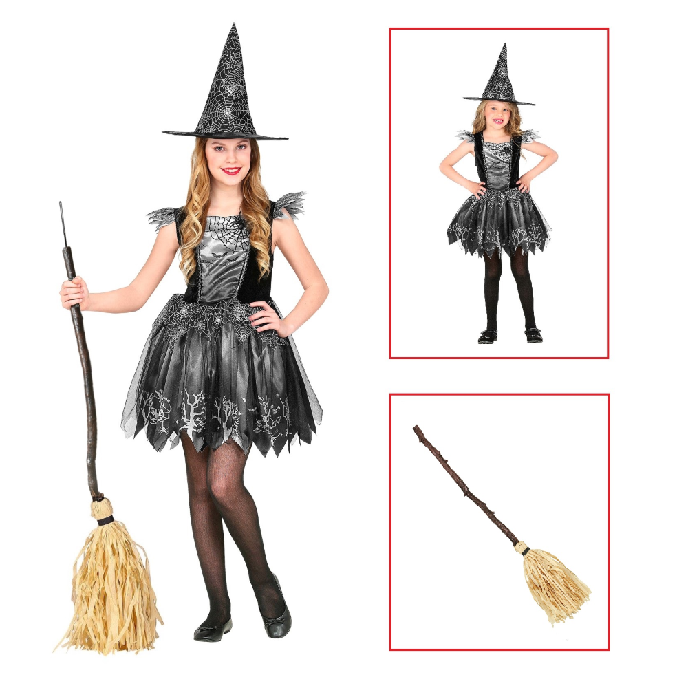 Vestito Carnevale + Accessori Witch Vestito Cappello Scopa Halloween Bambina 11/13 Anni - 9736+03231