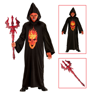 Vestito Carnevale + Accessori Skeleton Devil Teschio Tunica Tridente Travestimento Halloween 8/10 Anni - 0033+6976d