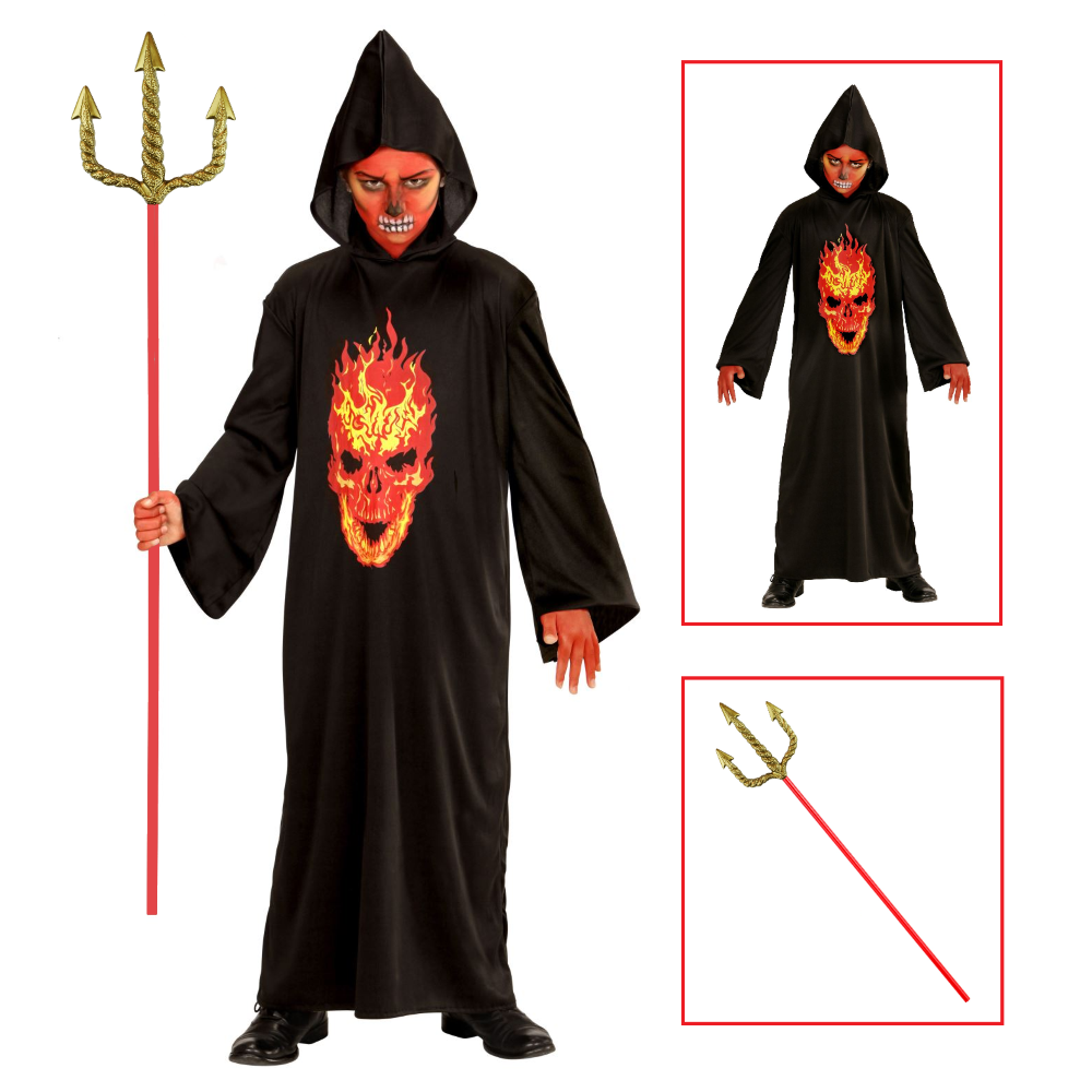 Vestito Carnevale + Accessori Skeleton Devil Teschio Tunica Tridente Dorato Travestimento Halloween 5/7 Anni - 0033+24221